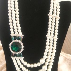 Simulated Pearl Necklace Green Glass Gemstone